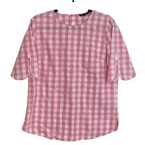 Banana Republic Pink White Gingham‎ Plaid Button Back Shirt Top Women's M